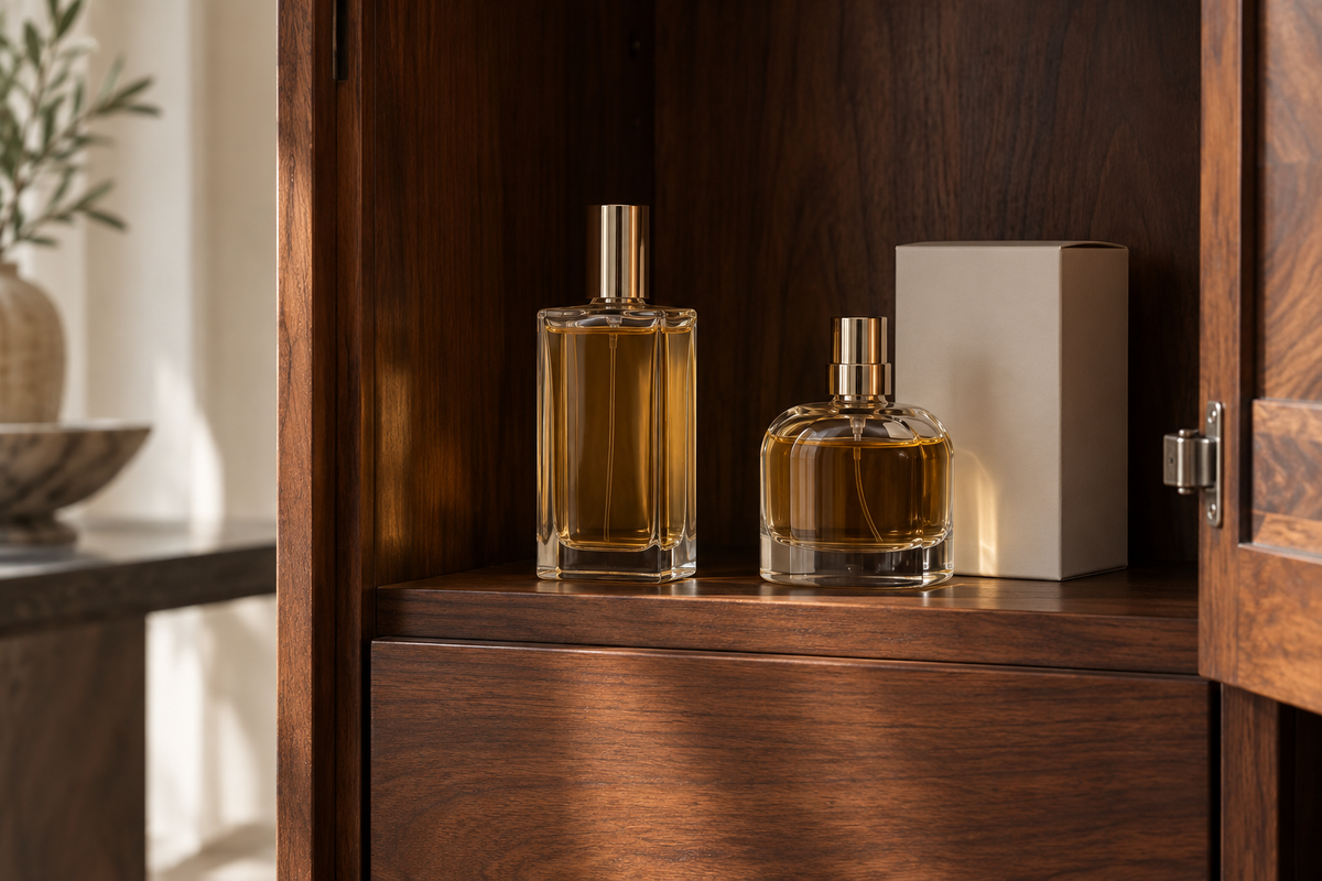 Two unlabeled perfume bottles and a protective carton on a wooden cabinet shelf