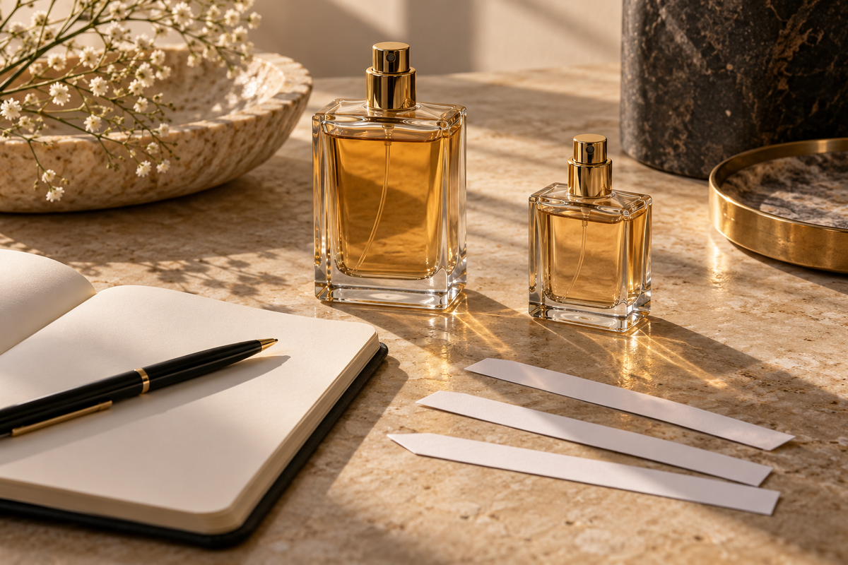 Two unlabeled perfume bottles, scent-testing strips and an open notebook on a stone tabletop