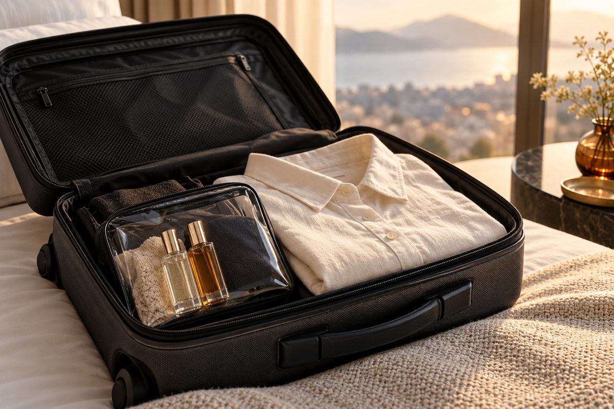 Two small perfume bottles in a clear toiletries bag inside an open suitcase