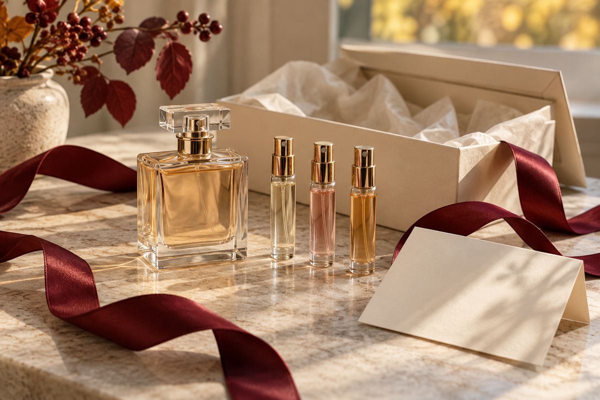 An unlabeled perfume bottle and three small atomizers beside a cream gift box, burgundy ribbon and blank note