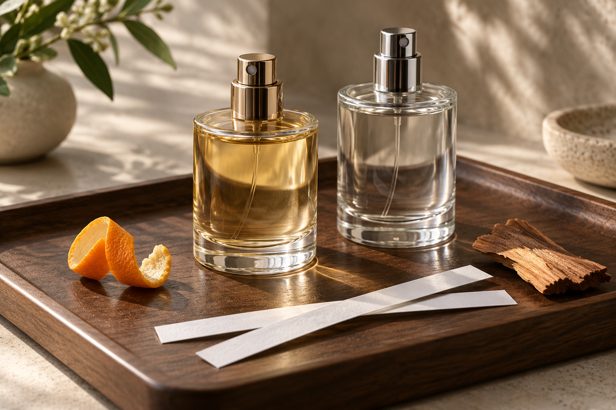 Two unlabeled perfume bottles with fragrance-testing strips, orange peel and wood on a walnut tray