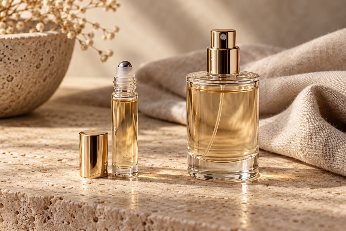 An unlabeled rollerball vial with its cap beside a larger perfume spray bottle on pale stone