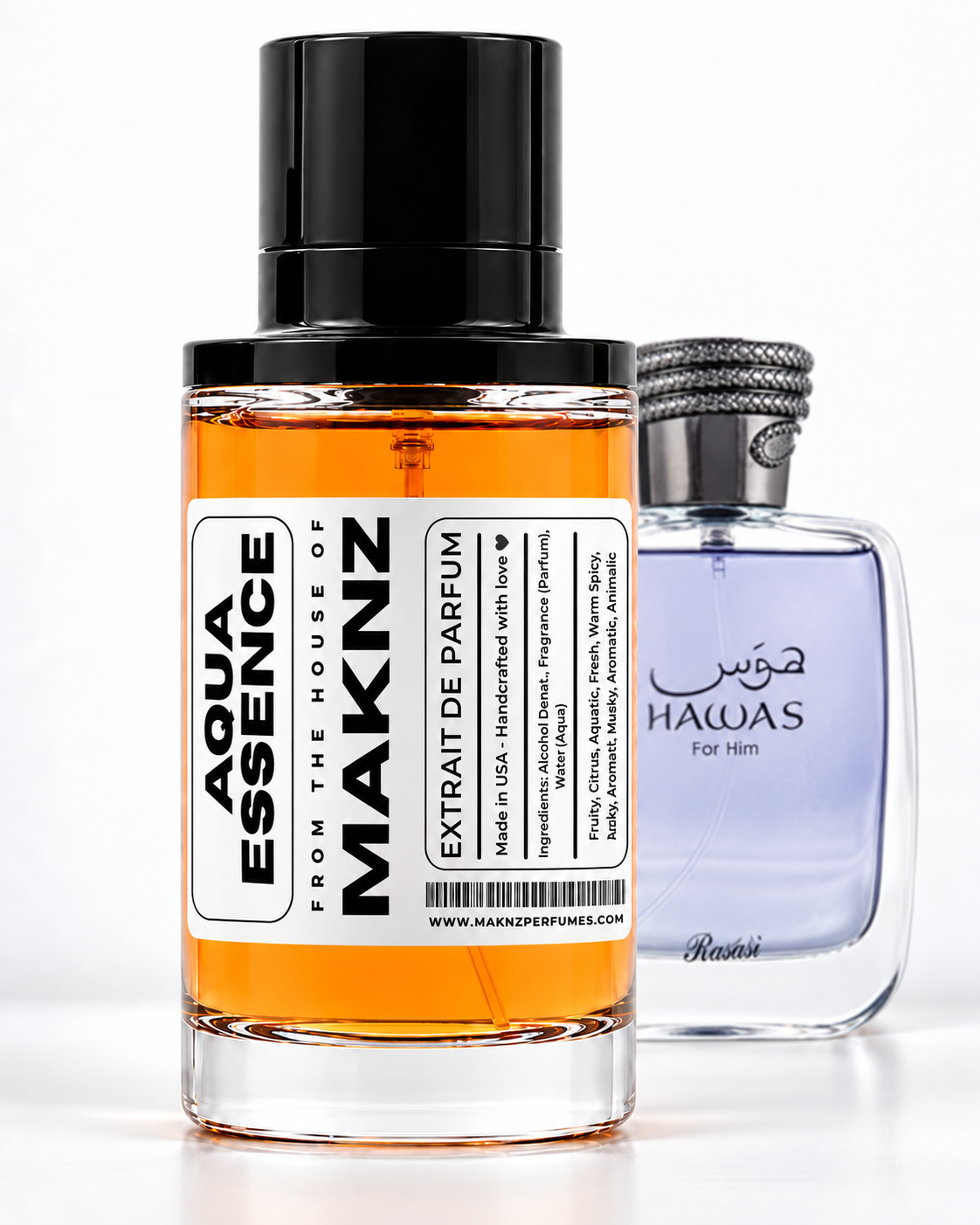 MAKNZ Aqua Essence 100 ml with Rasasi Hawas behind it