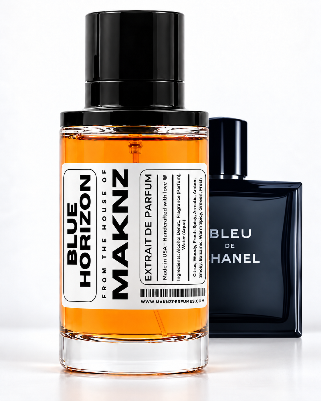 MAKNZ Blue Horizon 100 ml with Bleu de Chanel behind it