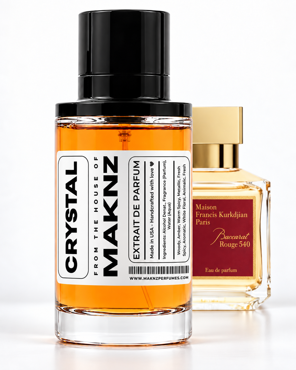 MAKNZ Crystal 100 ml with Baccarat Rouge 540 bottle behind it