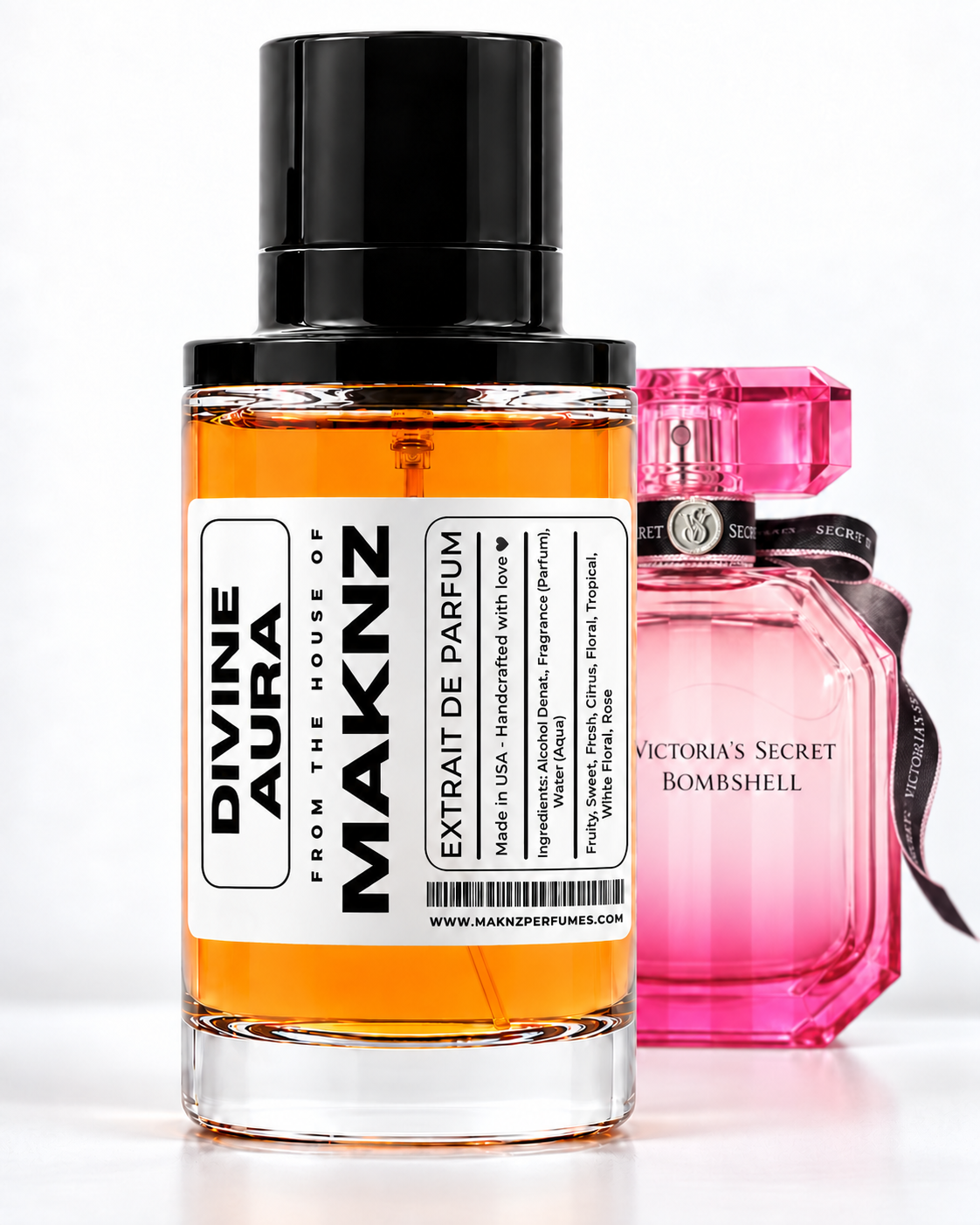 MAKNZ Divine Aura 100 ml with Victoria's Secret Bombshell behind it