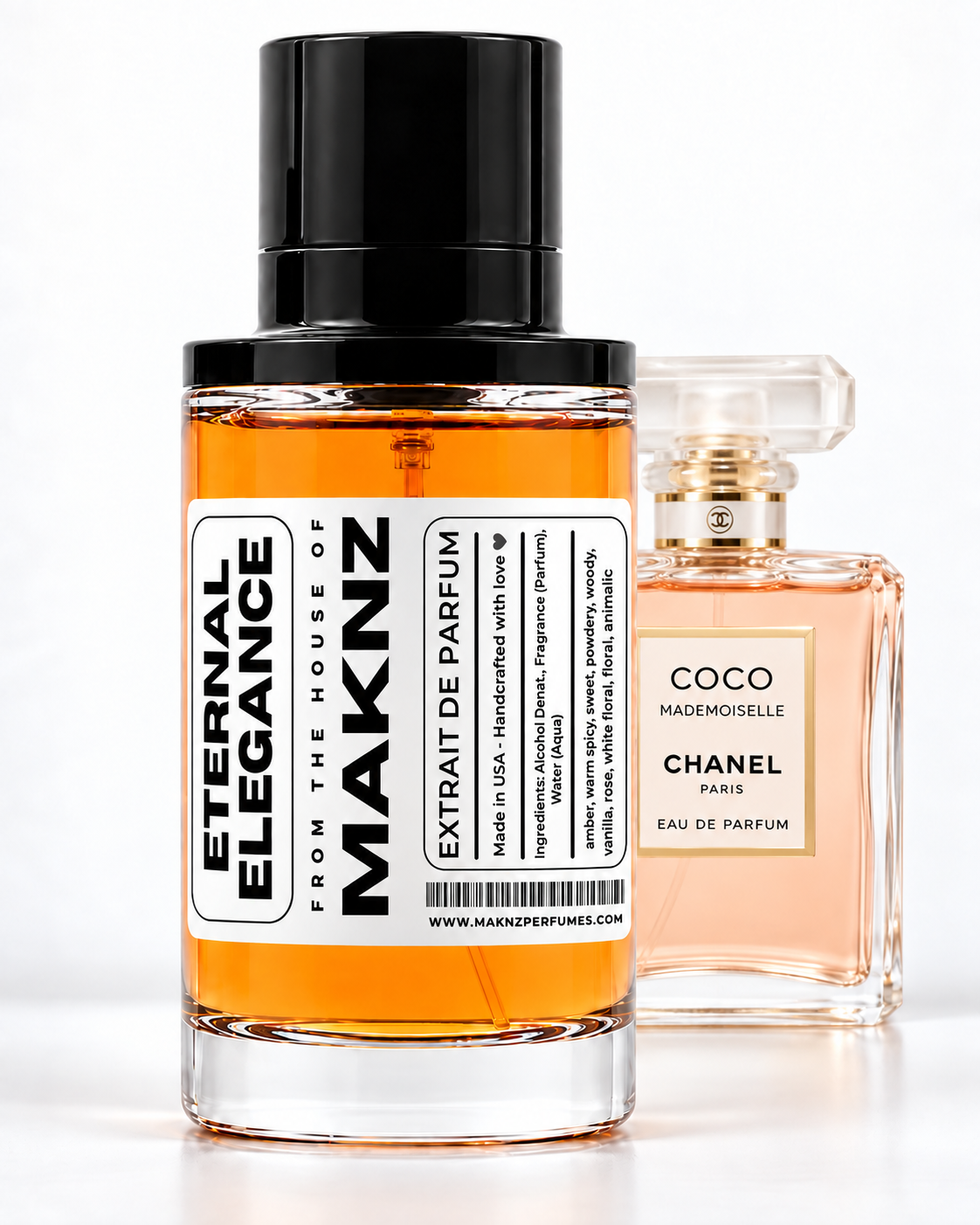 MAKNZ Eternal Elegance 100 ml with Coco Mademoiselle behind it