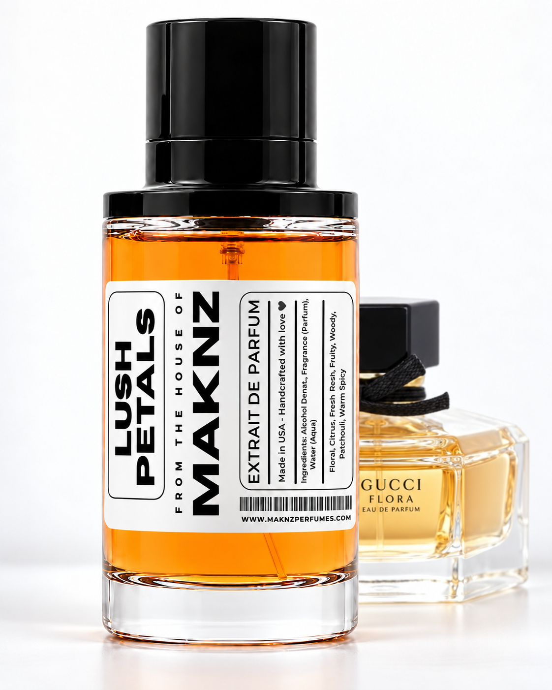 MAKNZ Lush Petals 100 ml with Gucci Flora behind it