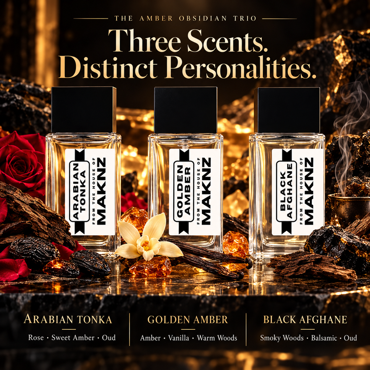 Arabian Tonka rose sweet amber and oud; Golden Amber amber vanilla and warm woods; Black Afghane smoky woods balsamic and oud