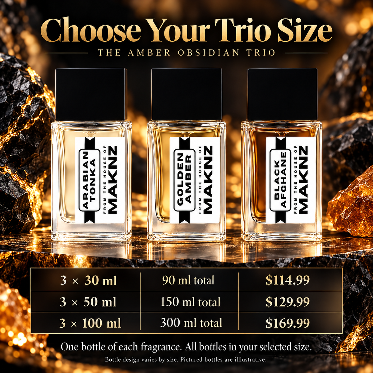 Amber Obsidian Trio: three 30 ml perfumes $114.99, three 50 ml perfumes $129.99, three 100 ml perfumes $169.99
