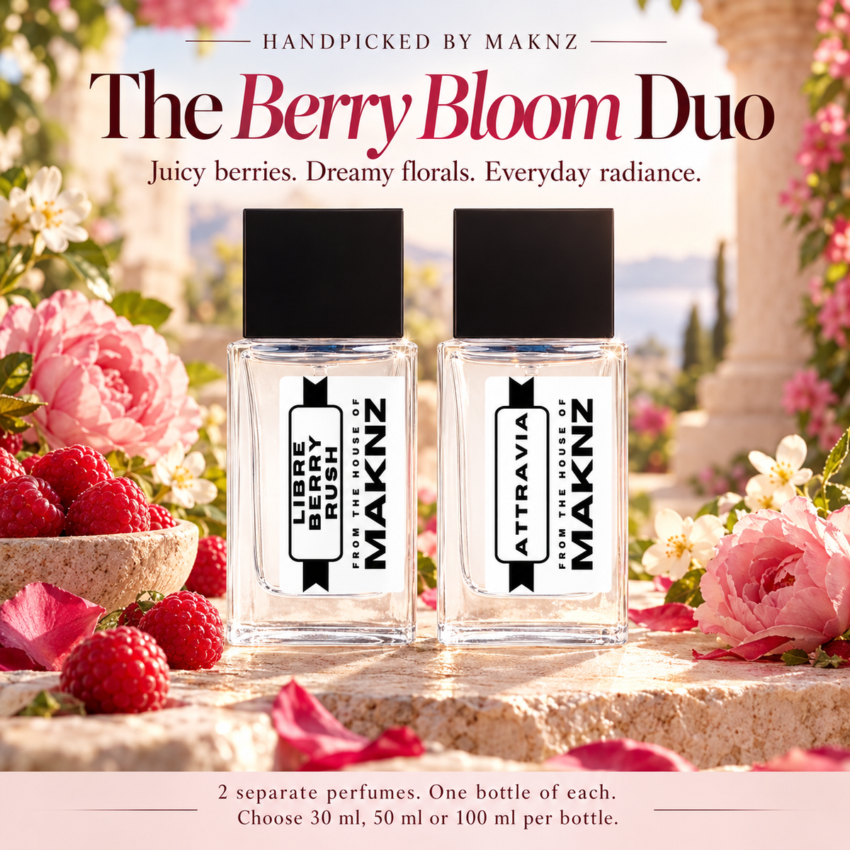 Berry Bloom Duo: Libre Berry Rush and Attravia, two separate MAKNZ perfumes