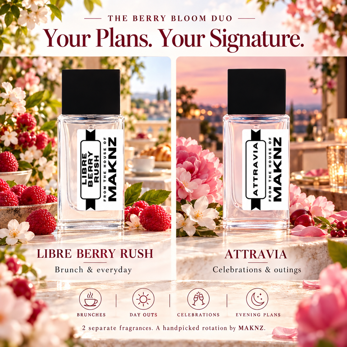 Berry Bloom Duo: Libre Berry Rush for brunch and everyday, Attravia for celebrations and outings