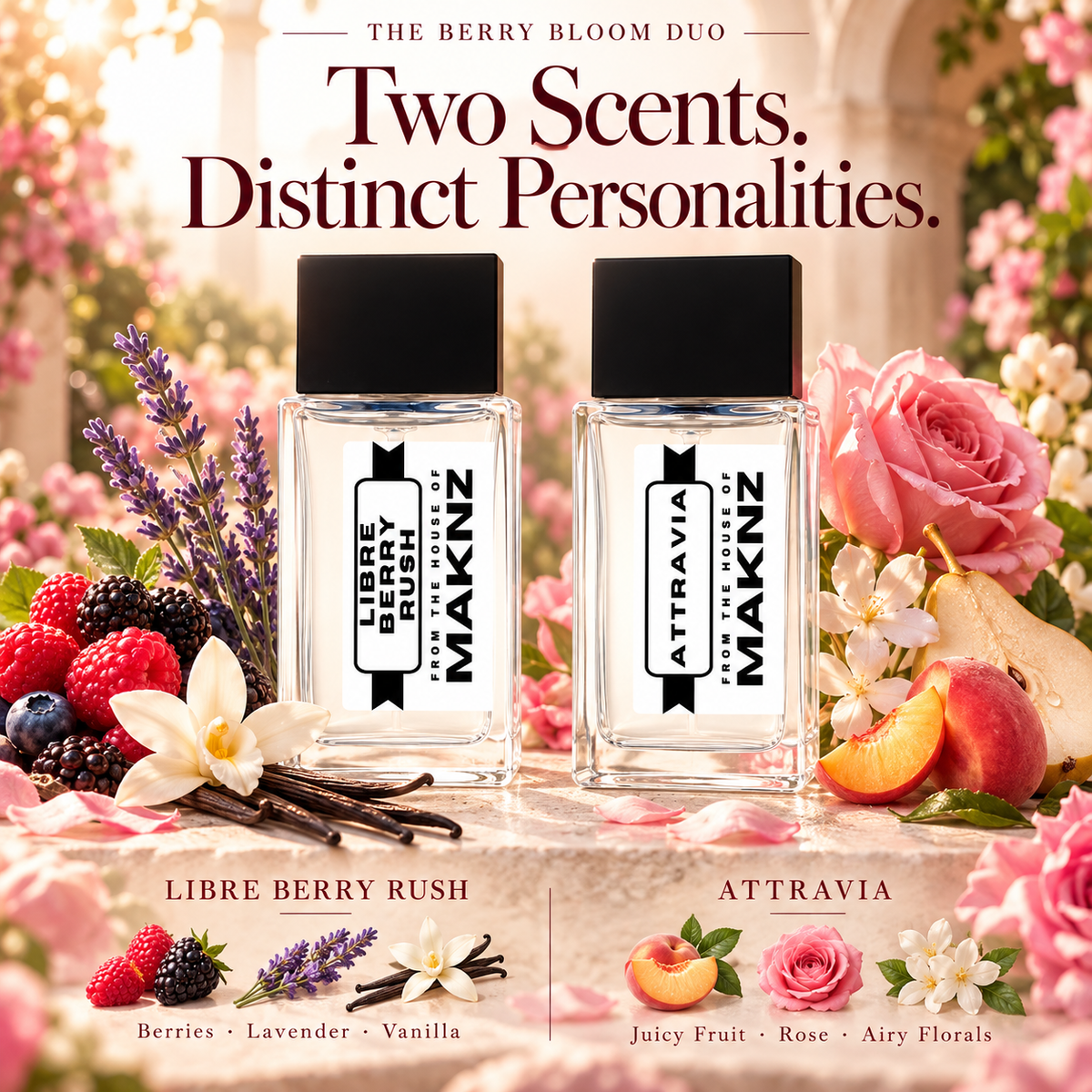 Libre Berry Rush berries lavender and vanilla; Attravia juicy fruit rose and airy florals