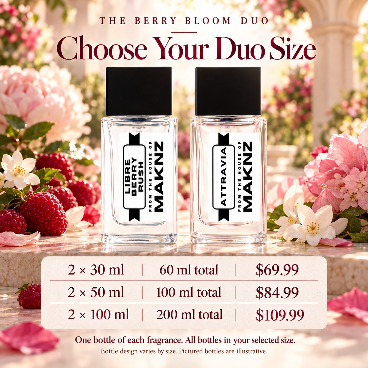 Berry Bloom Duo: two 30 ml perfumes $69.99, two 50 ml perfumes $84.99, two 100 ml perfumes $109.99