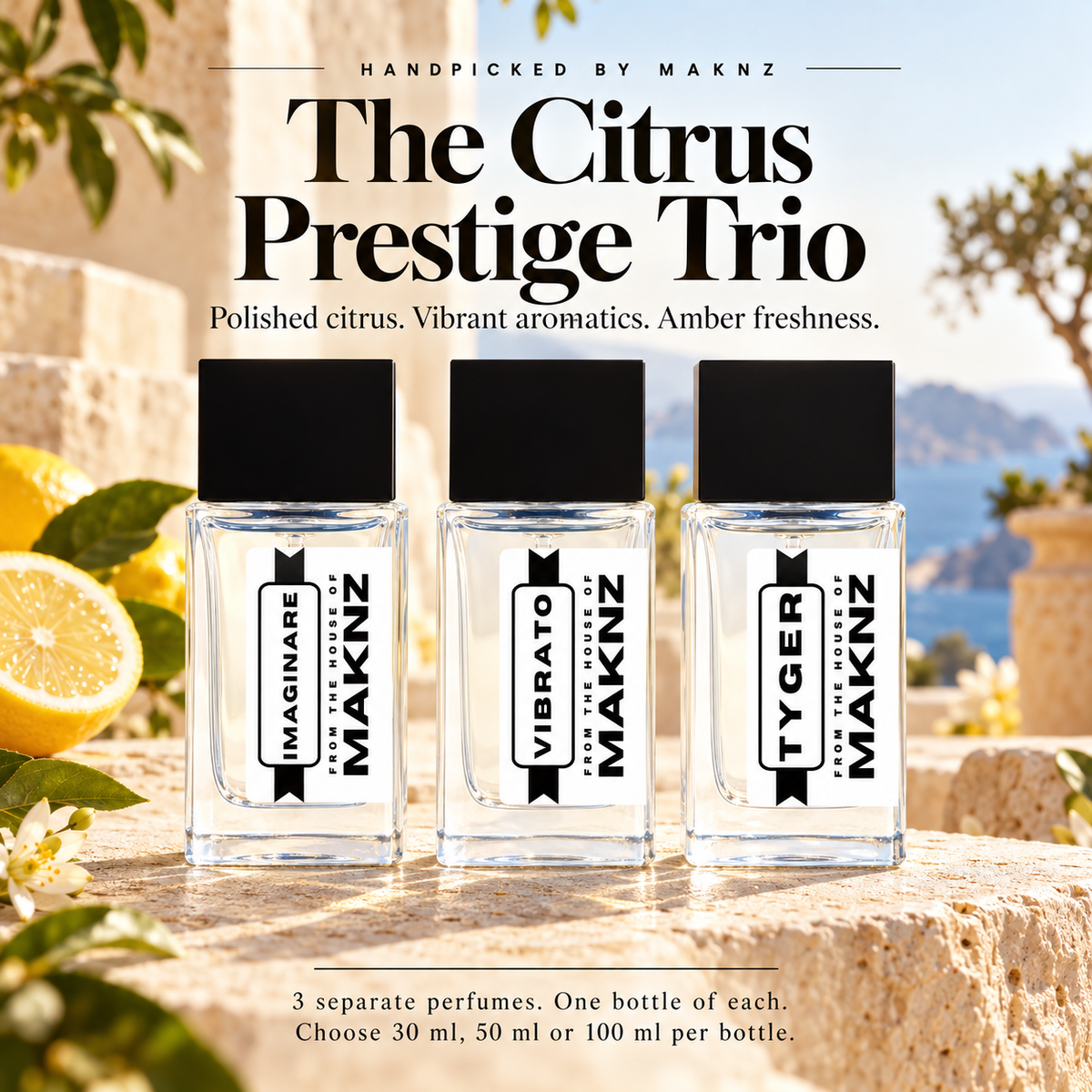 Citrus Prestige Trio: Imaginare, Vibrato and Tyger, three separate MAKNZ perfumes