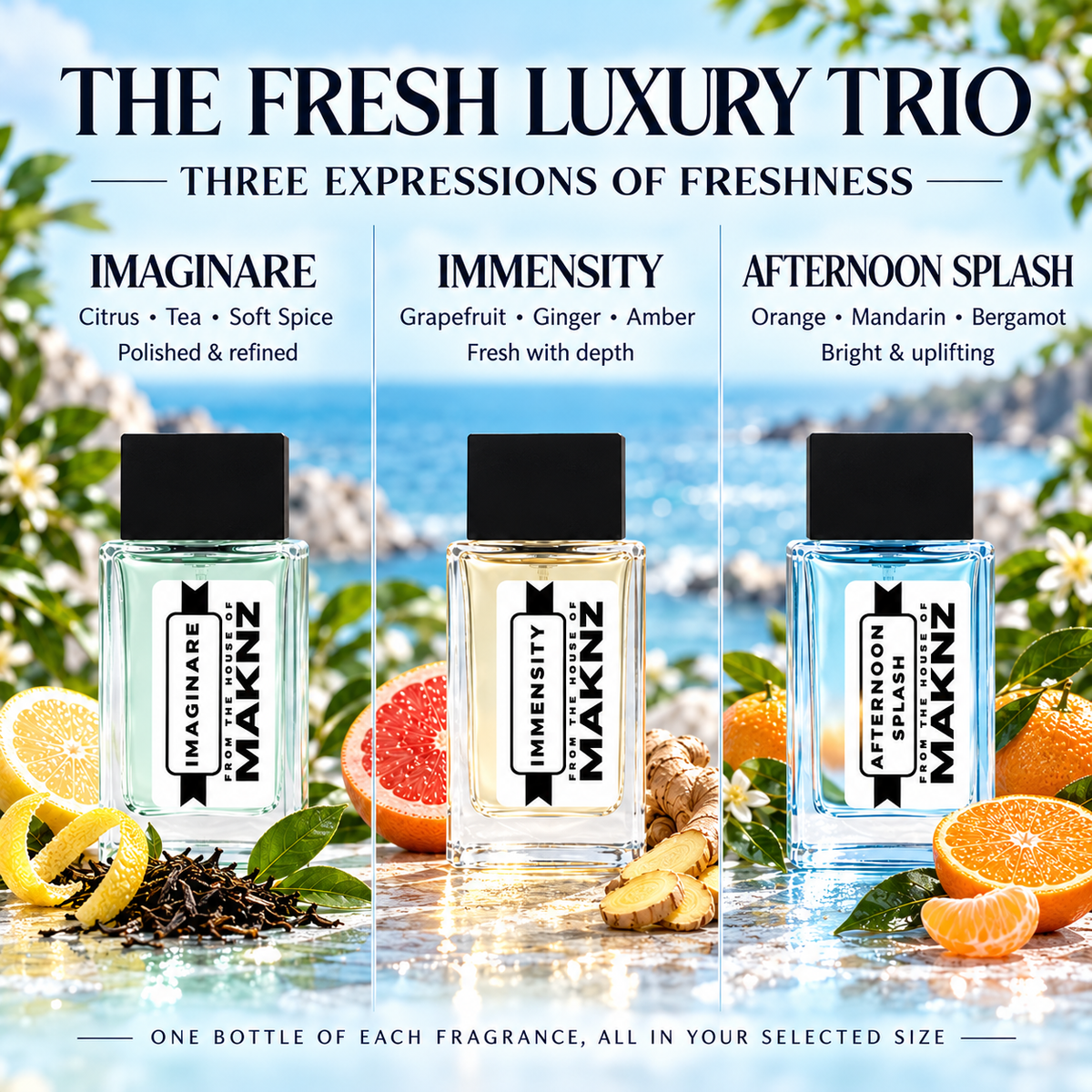Imaginare citrus and tea, Immensity grapefruit and ginger, Afternoon Splash orange and mandarin