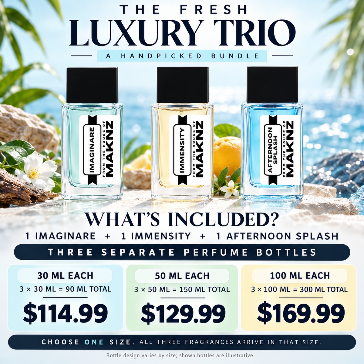 Fresh Luxury Trio contents and prices for three 30 ml, 50 ml or 100 ml bottles