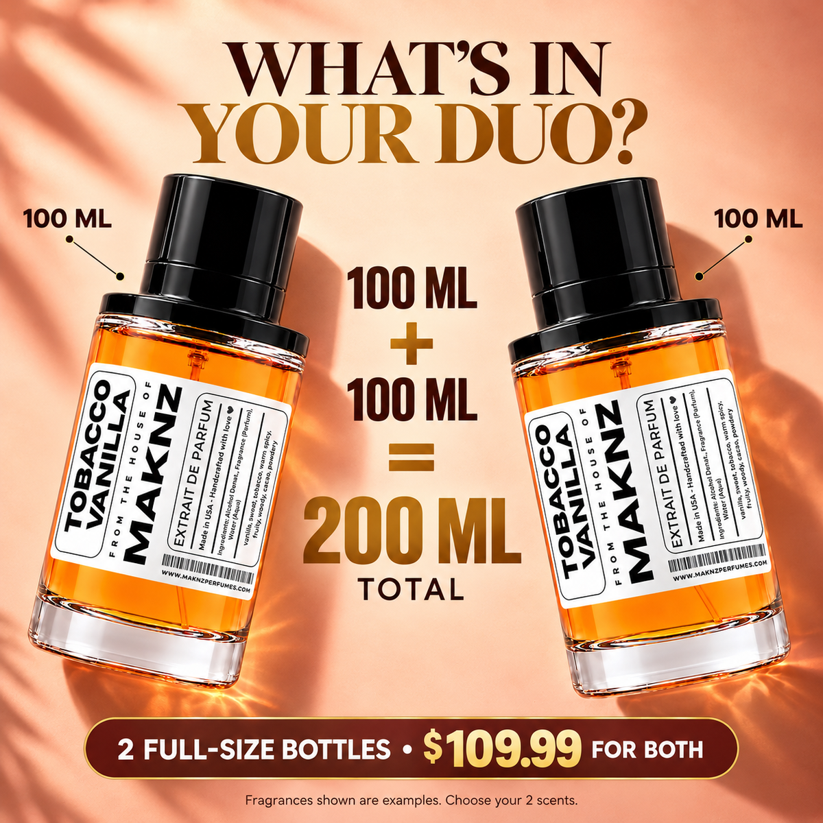 Luxury Gift Duo: two 100 ml MAKNZ perfumes, 200 ml total, $109.99 for both