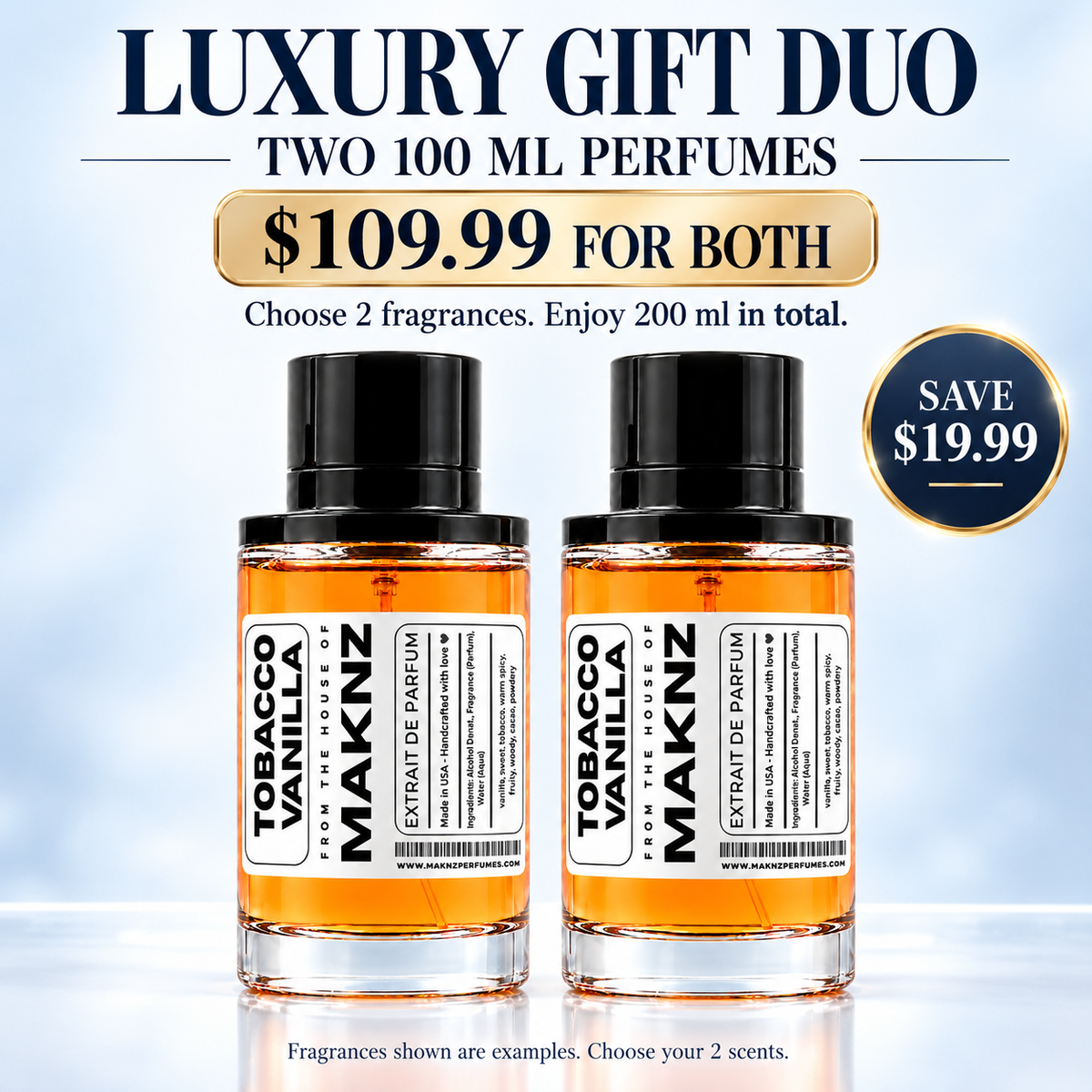 Luxury Gift Duo: two 100 ml MAKNZ perfumes, 200 ml total, $109.99 for both