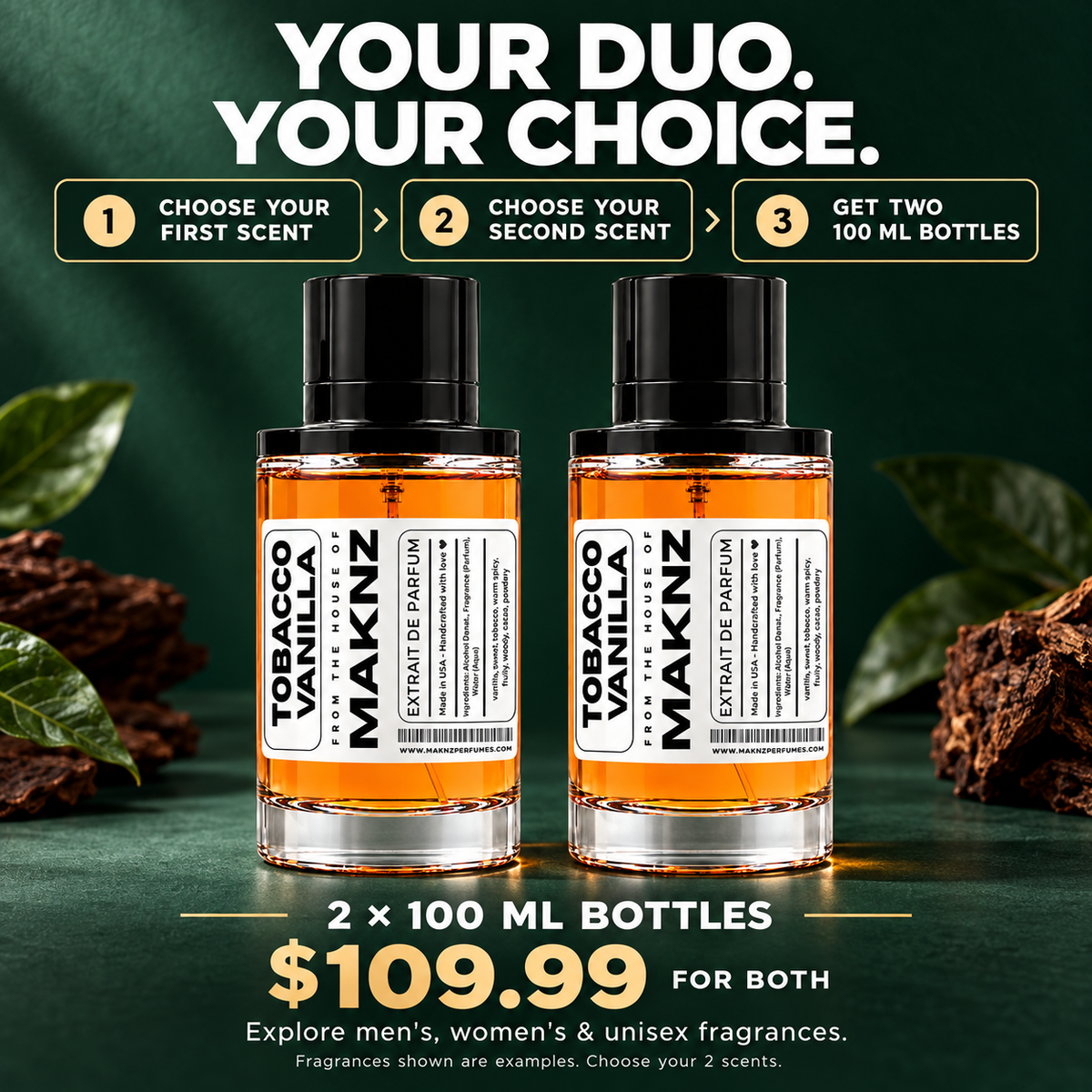 Choose two scents for your MAKNZ Luxury Gift Duo: two 100 ml bottles for $109.99