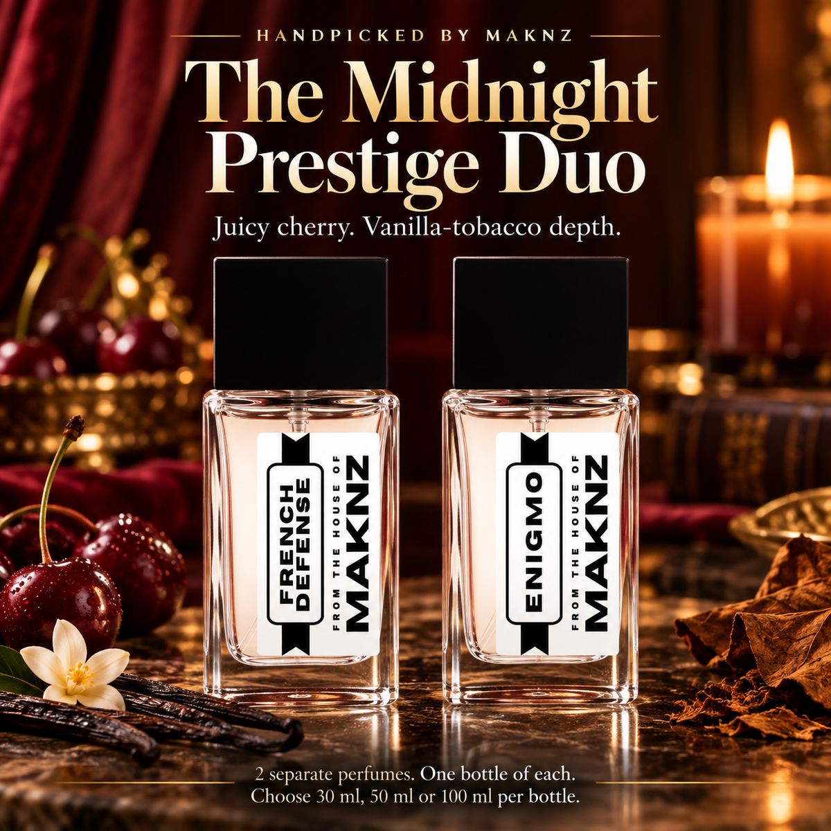 Midnight Prestige Duo: French Defense and Enigmo, two separate MAKNZ evening perfumes