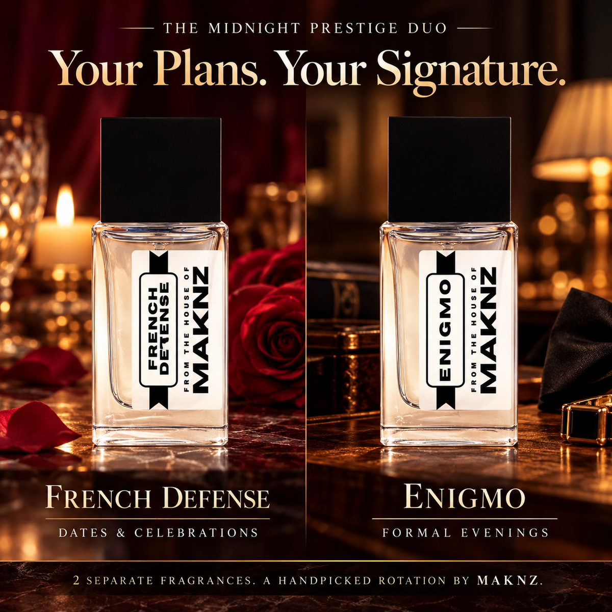 Midnight Prestige Duo: French Defense for dates and celebrations, Enigmo for formal evenings