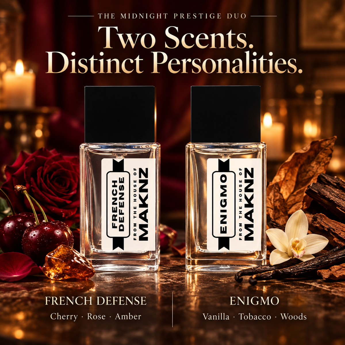 French Defense cherry rose and amber; Enigmo vanilla tobacco and woods