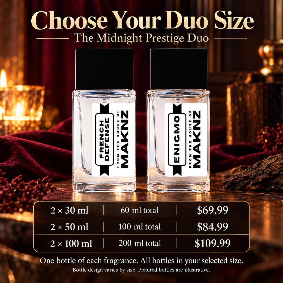 Midnight Prestige Duo size guide: two 30 ml bottles $69.99, two 50 ml bottles $84.99, two 100 ml bottles $109.99