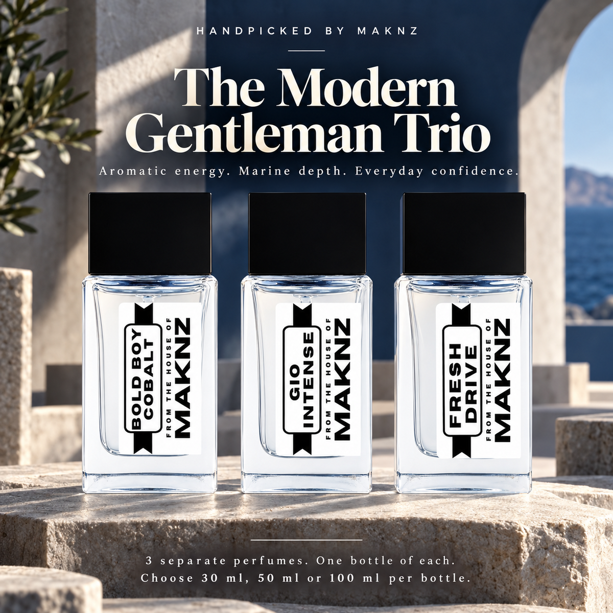 Modern Gentleman Trio: Bold Boy Cobalt, Gio Intense and Fresh Drive, three separate MAKNZ perfumes