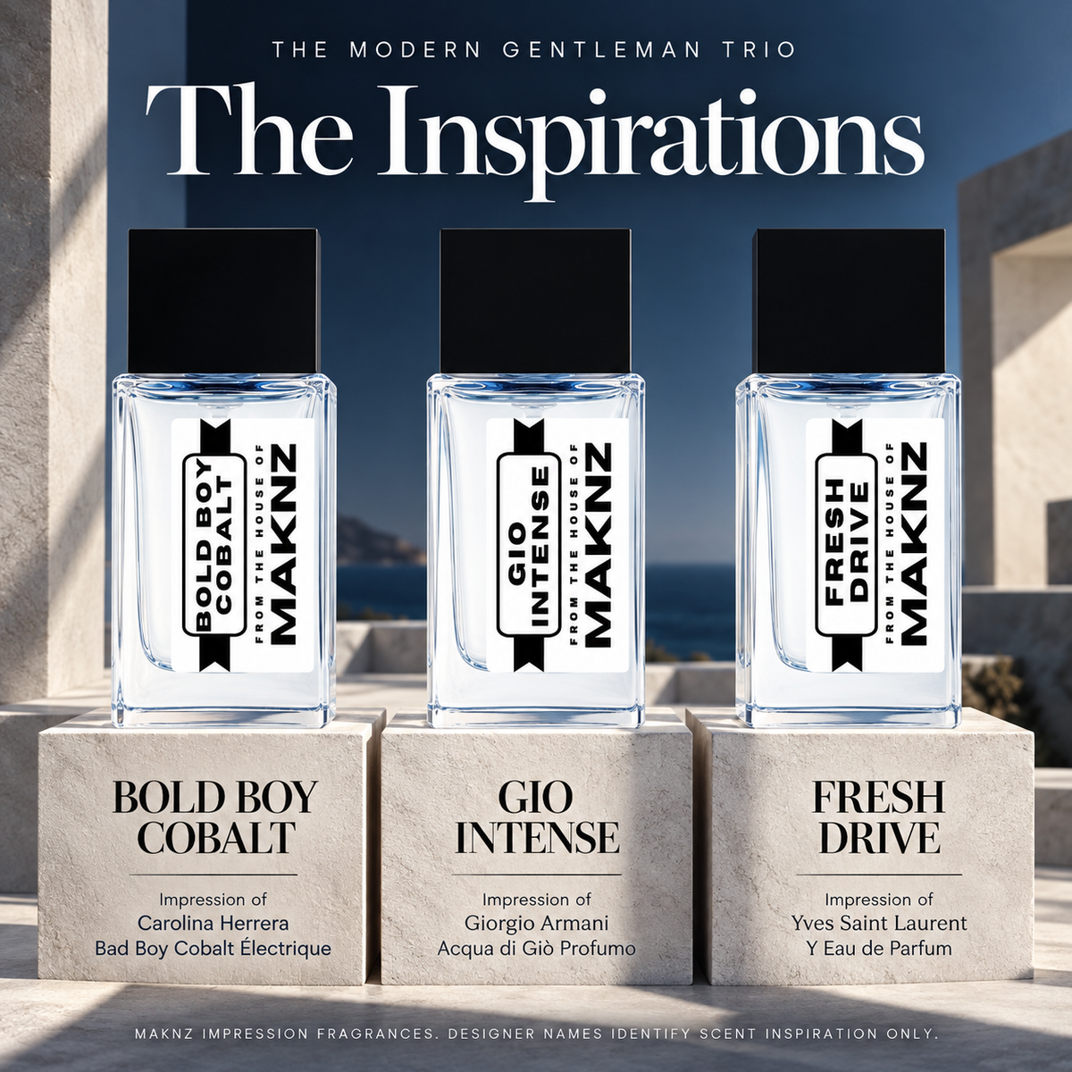 Modern Gentleman Trio impressions of Bad Boy Cobalt Electrique, Acqua di Gio Profumo and Y Eau de Parfum