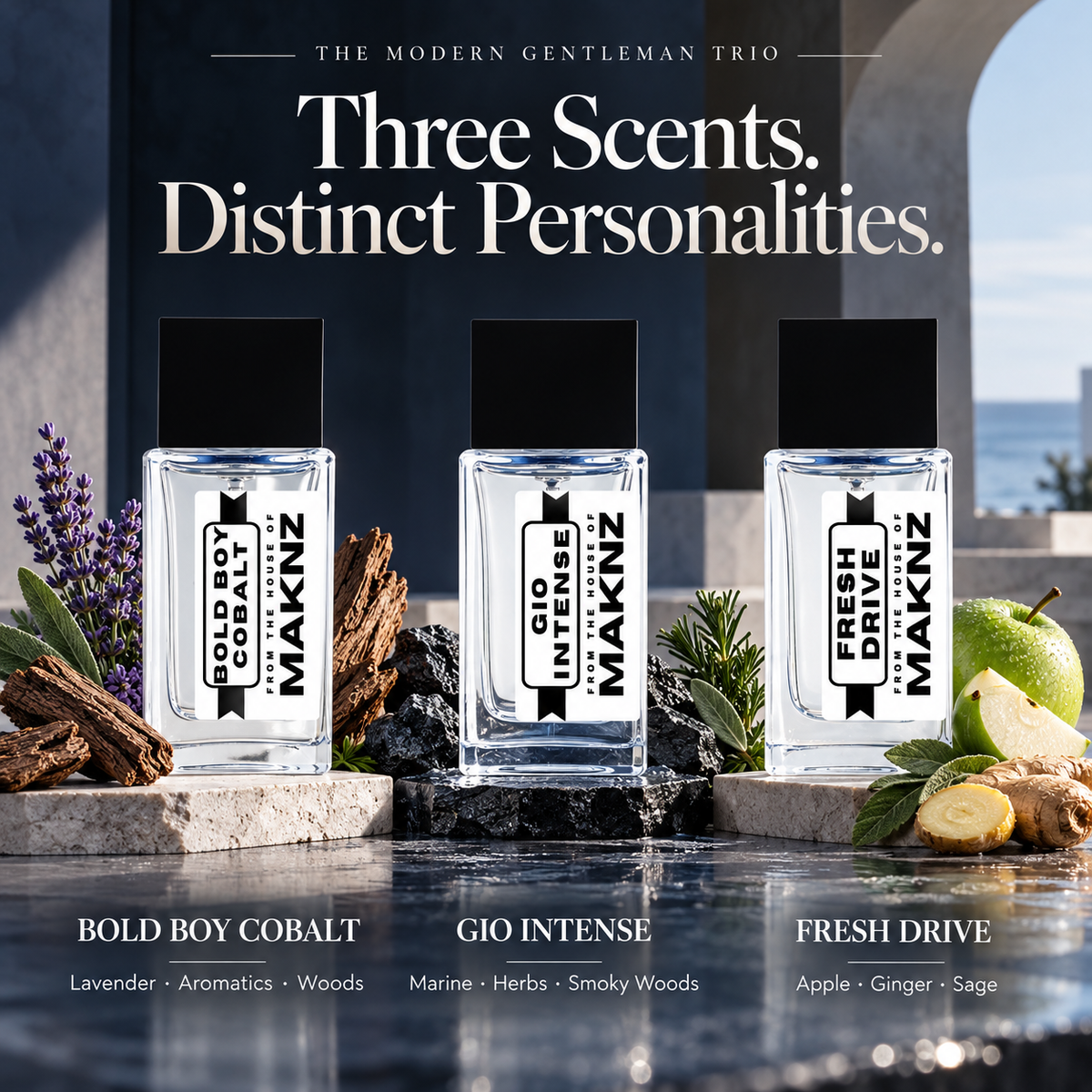 Bold Boy Cobalt lavender aromatics and woods; Gio Intense marine herbs and smoky woods; Fresh Drive apple ginger and sage