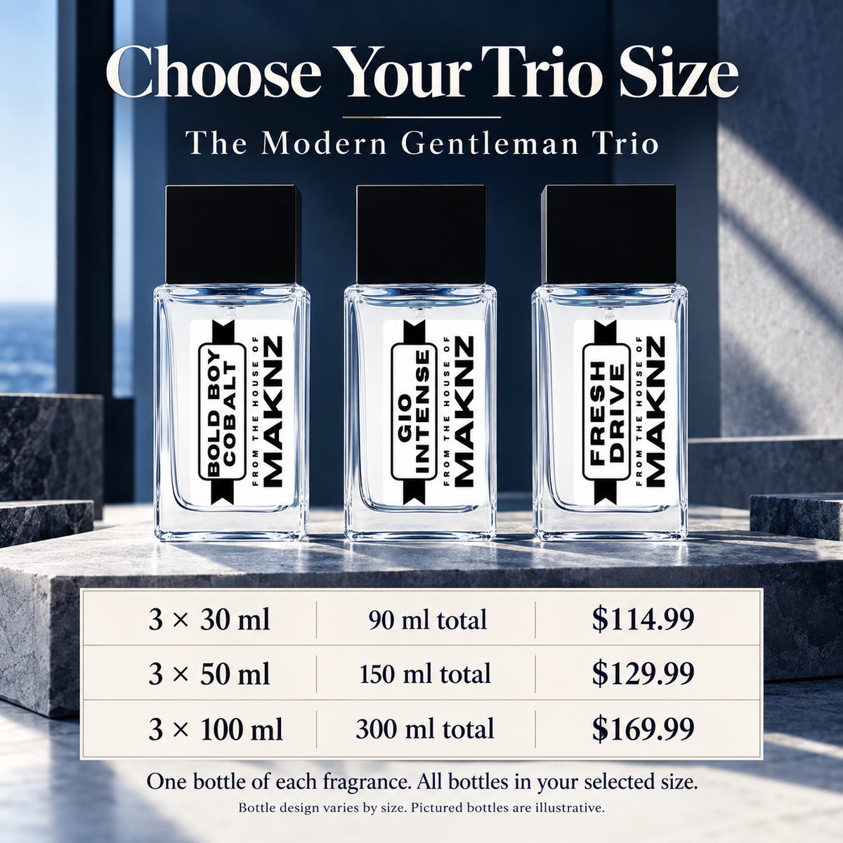 Modern Gentleman Trio size guide: three 30 ml bottles $114.99, three 50 ml bottles $129.99, three 100 ml bottles $169.99