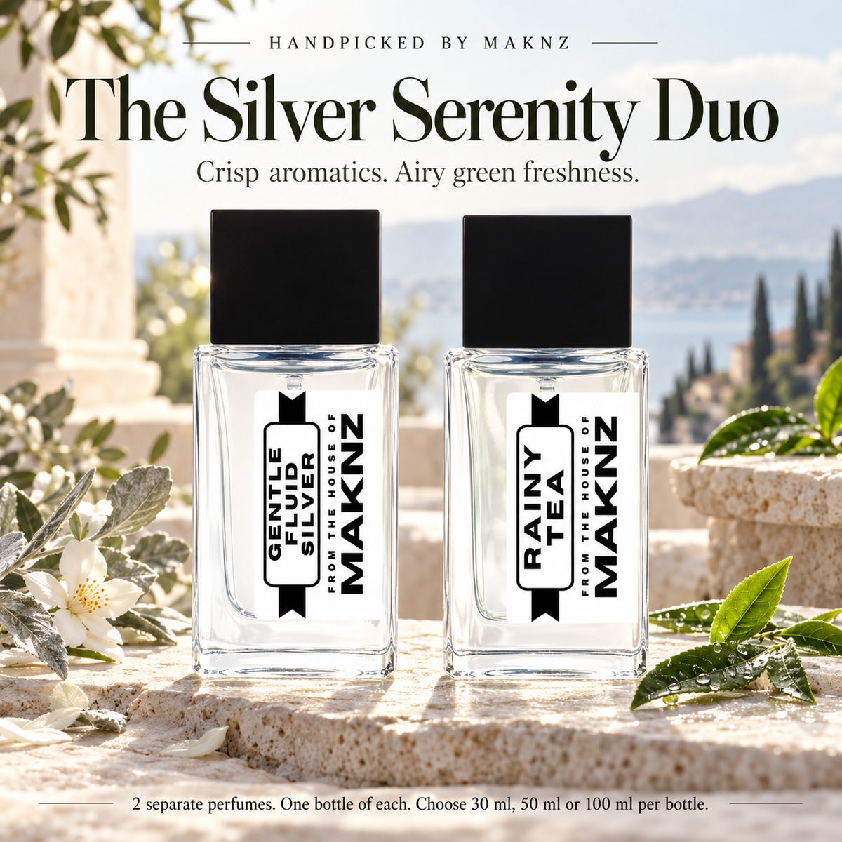 Silver Serenity Duo: Gentle Fluid Silver and Rainy Tea, two separate MAKNZ perfumes