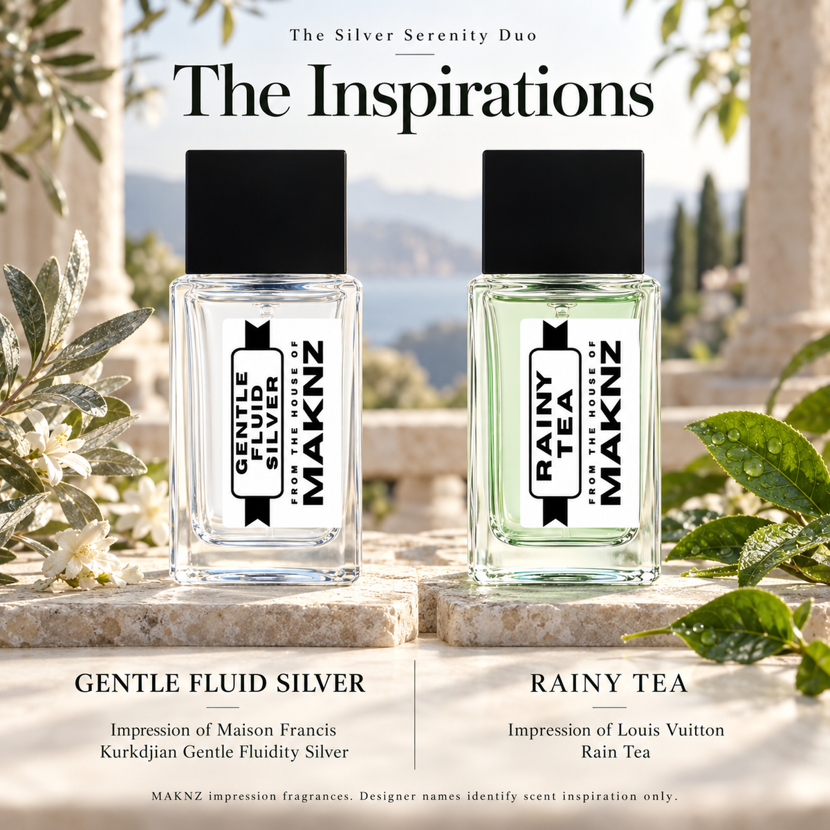 Silver Serenity Duo impressions of Maison Francis Kurkdjian Gentle Fluidity Silver and Louis Vuitton Rain Tea