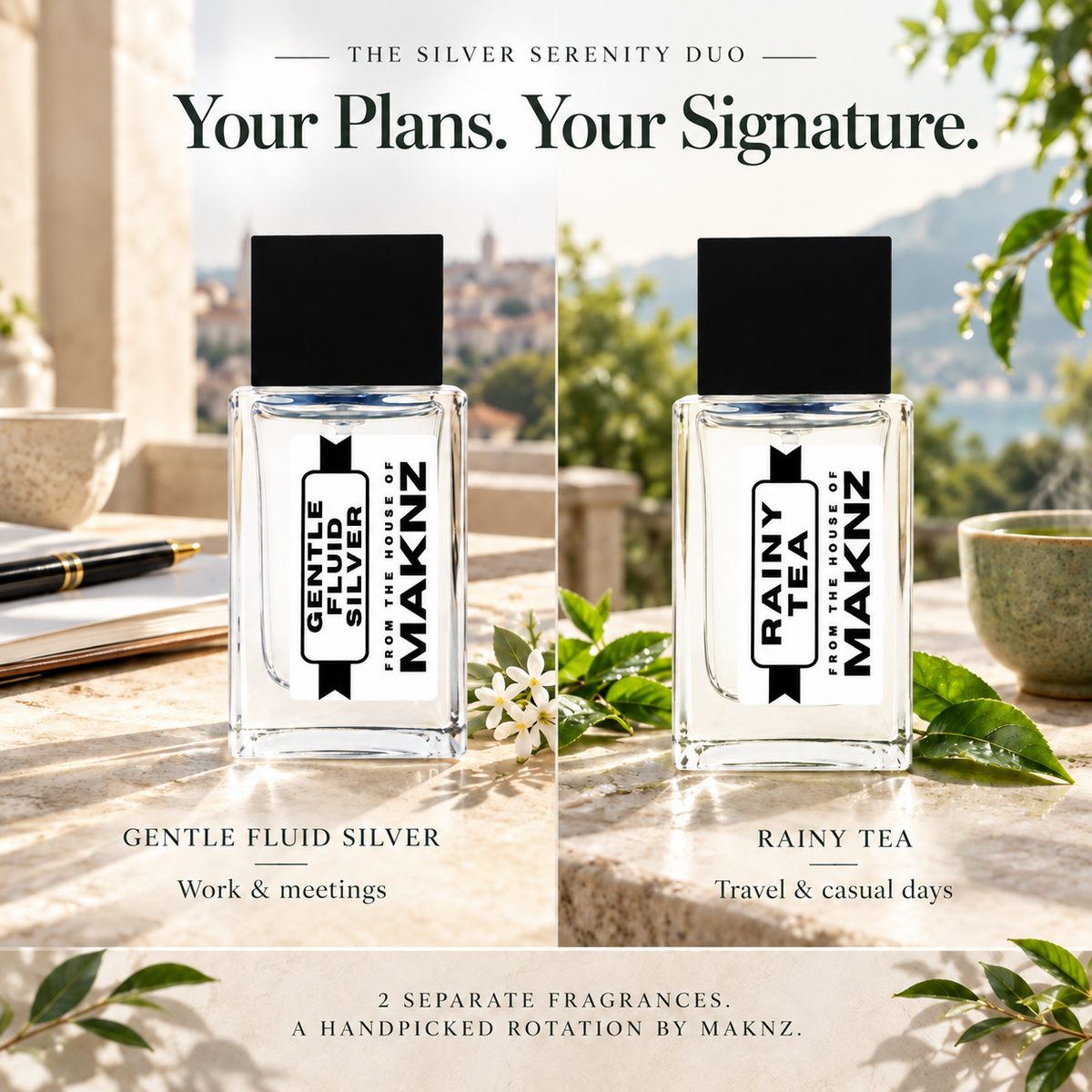 Silver Serenity Duo: Gentle Fluid Silver for work and meetings, Rainy Tea for travel and casual days