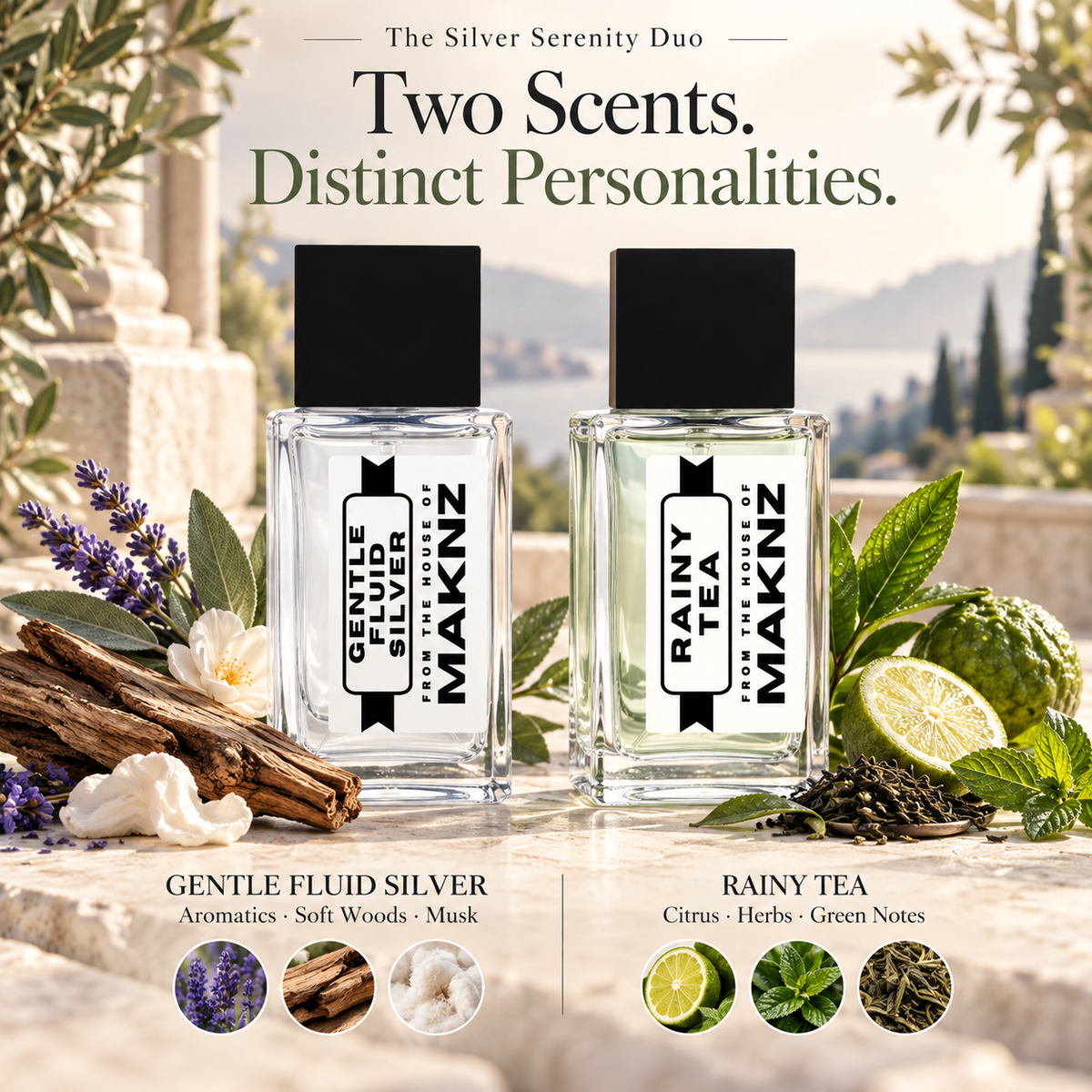 Gentle Fluid Silver aromatics soft woods and musk; Rainy Tea citrus herbs and green notes