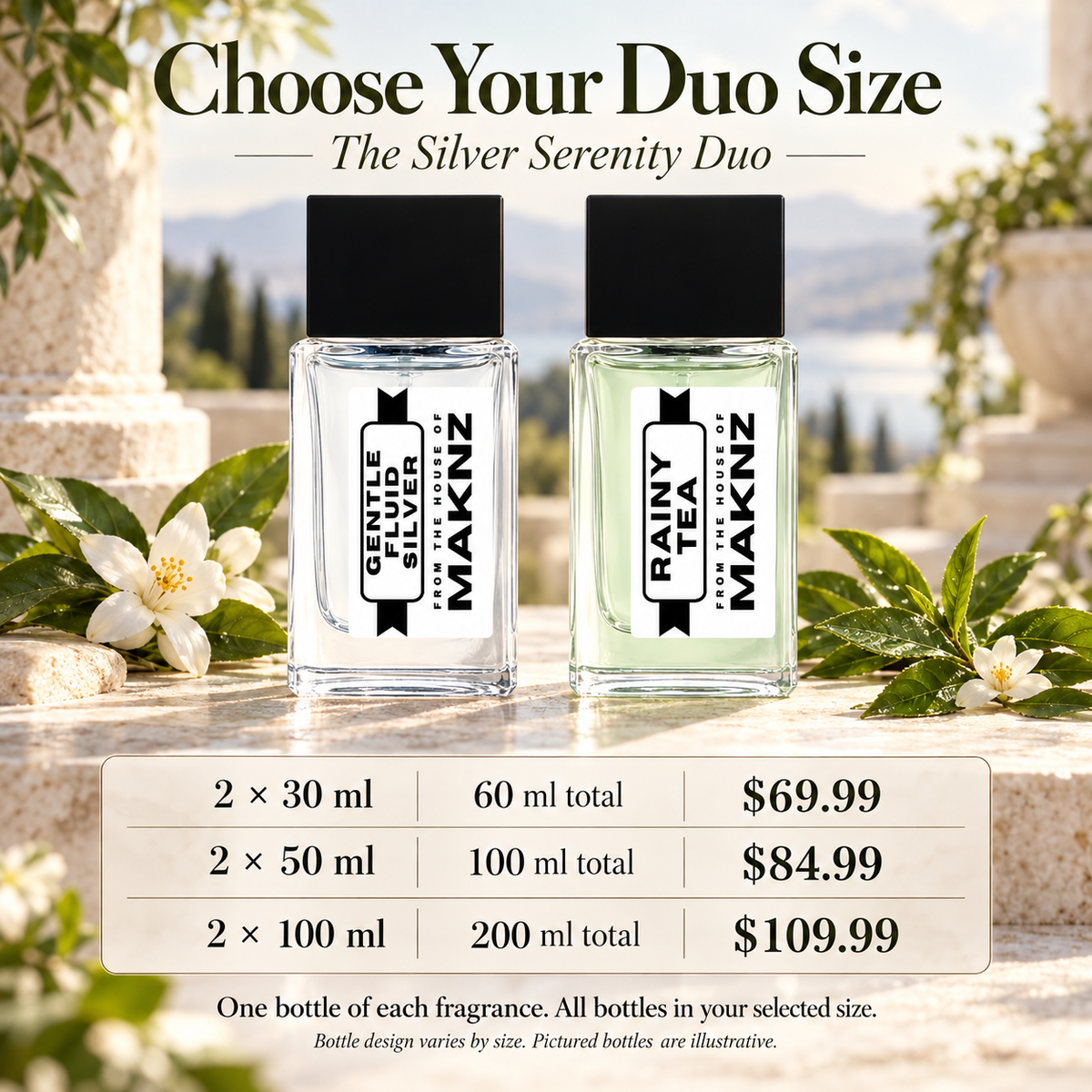 Silver Serenity Duo: two 30 ml perfumes $69.99, two 50 ml perfumes $84.99, two 100 ml perfumes $109.99