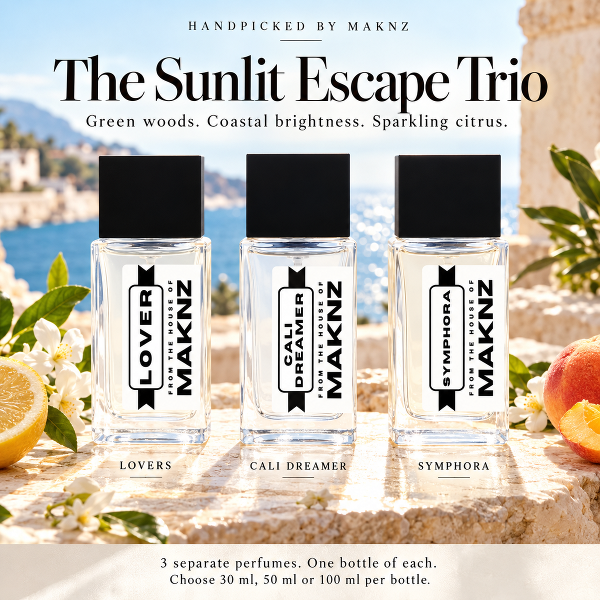 Sunlit Escape Trio: Lovers, Cali Dreamer and Symphora, three separate MAKNZ perfumes