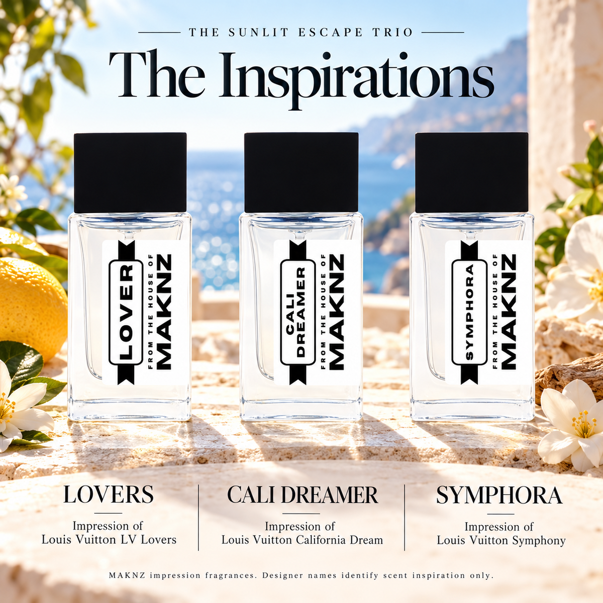 Sunlit Escape Trio impressions of Louis Vuitton LV Lovers, California Dream and Symphony