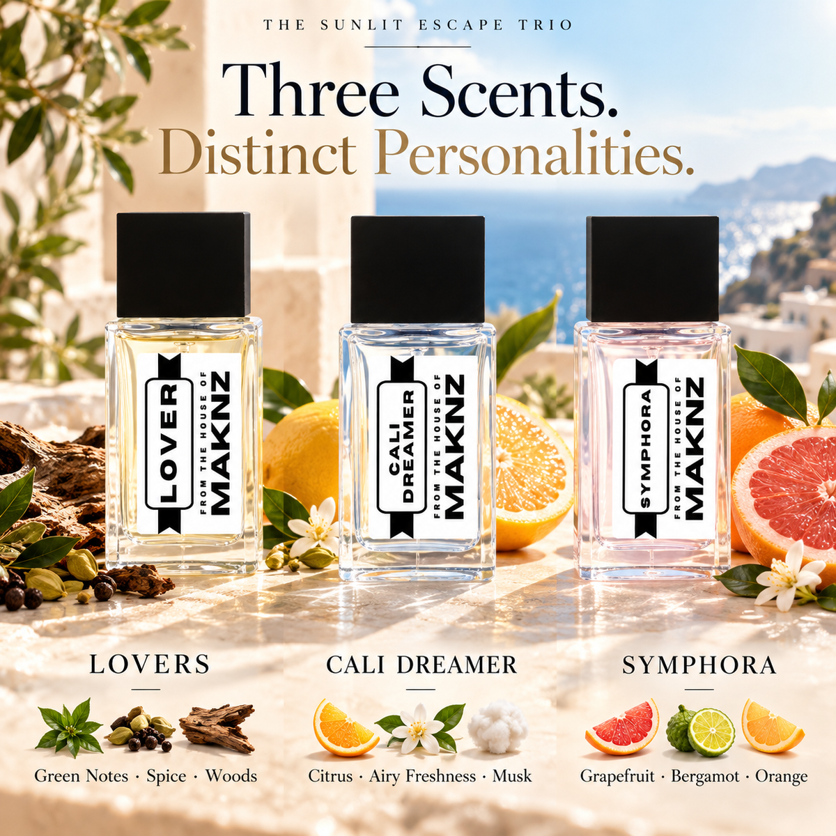 Lovers green notes spice and woods; Cali Dreamer citrus airy freshness and musk; Symphora grapefruit bergamot and orange