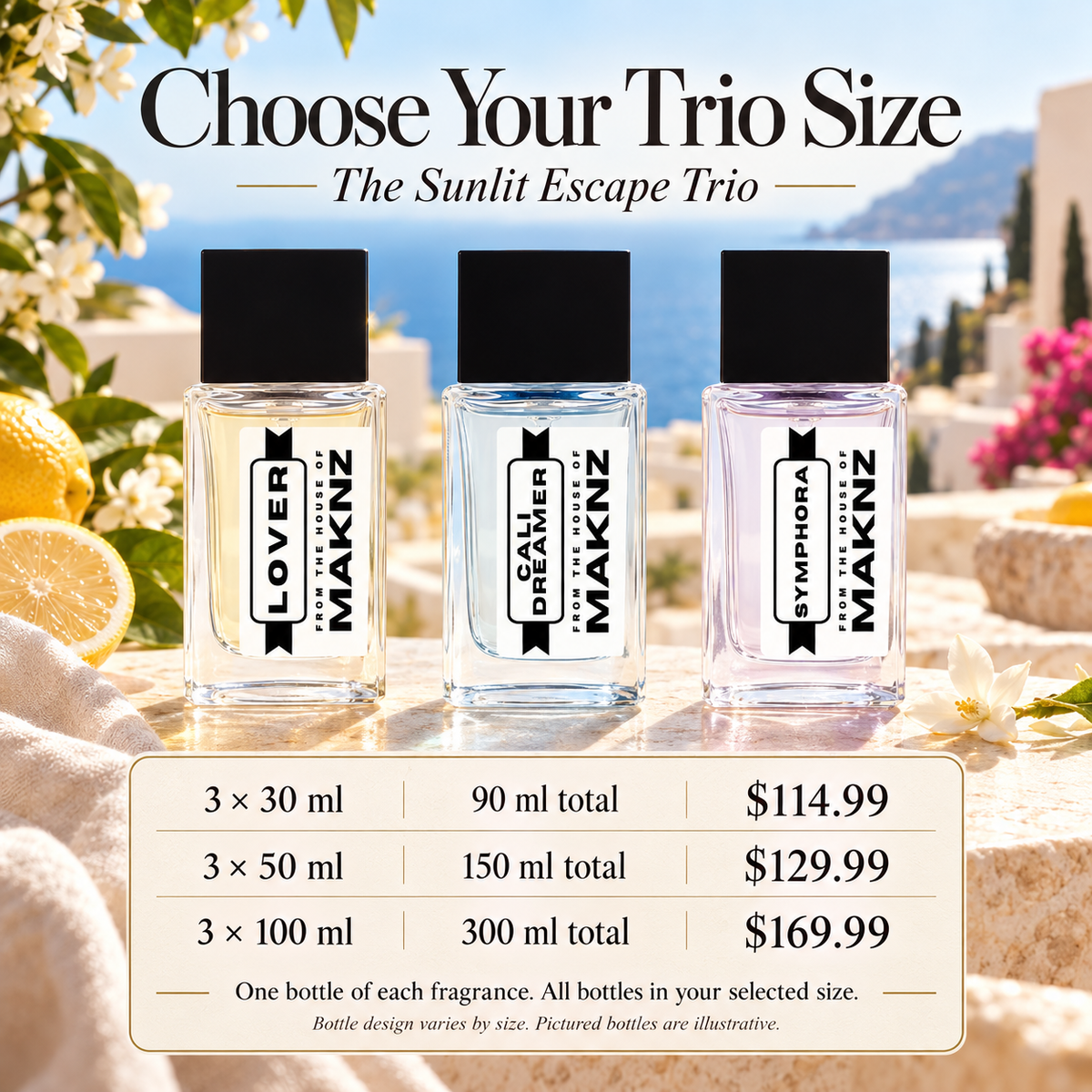 Sunlit Escape Trio: three 30 ml perfumes $114.99, three 50 ml perfumes $129.99, three 100 ml perfumes $169.99