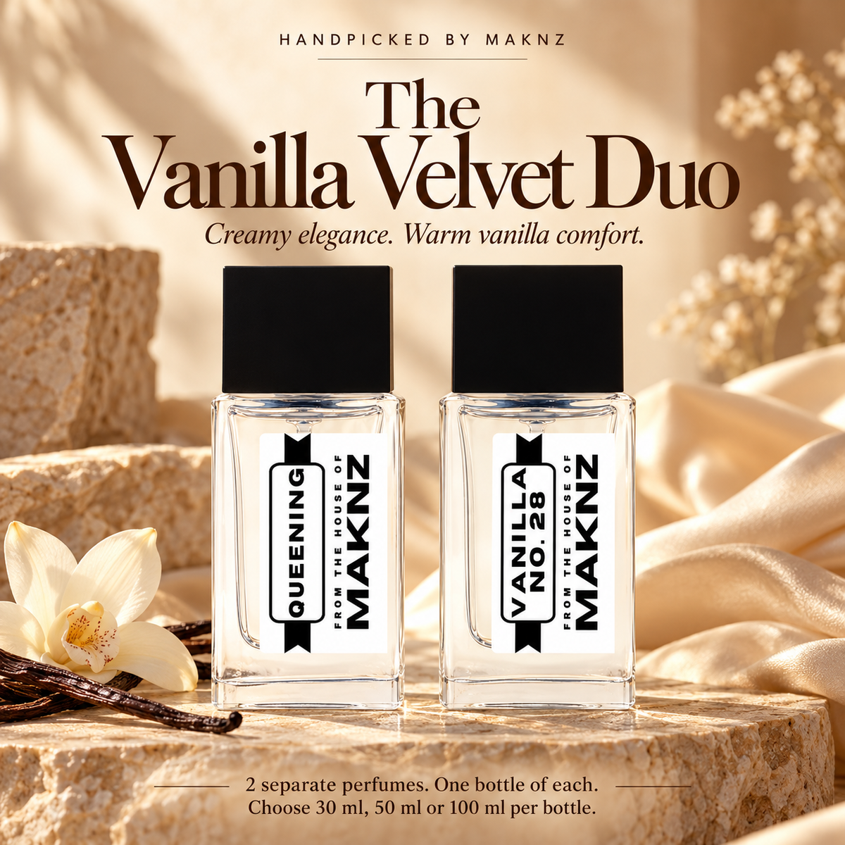 Vanilla Velvet Duo: Queening and Vanilla No. 28, two separate MAKNZ perfumes