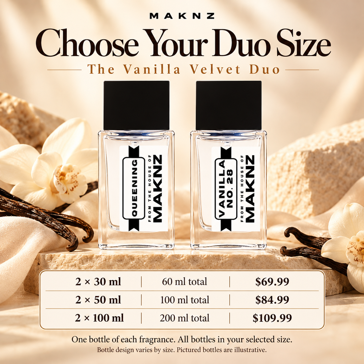 Vanilla Velvet Duo size guide: two 30 ml bottles $69.99, two 50 ml bottles $84.99, two 100 ml bottles $109.99