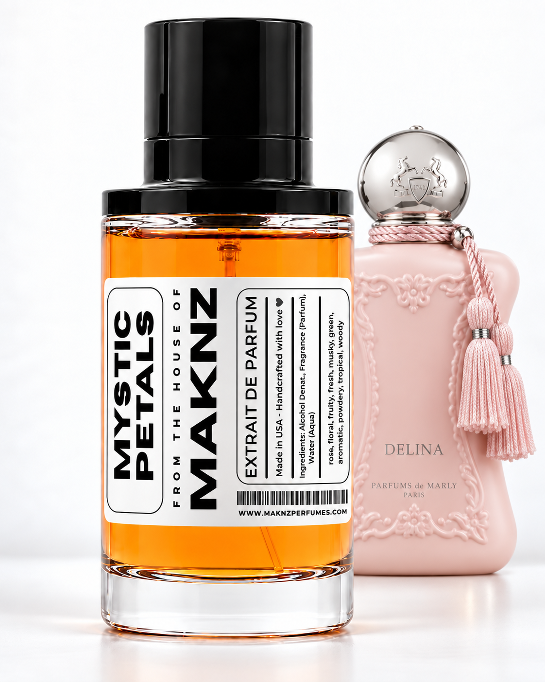 MAKNZ Mystic Petals 100 ml with Parfums de Marly Delina behind it