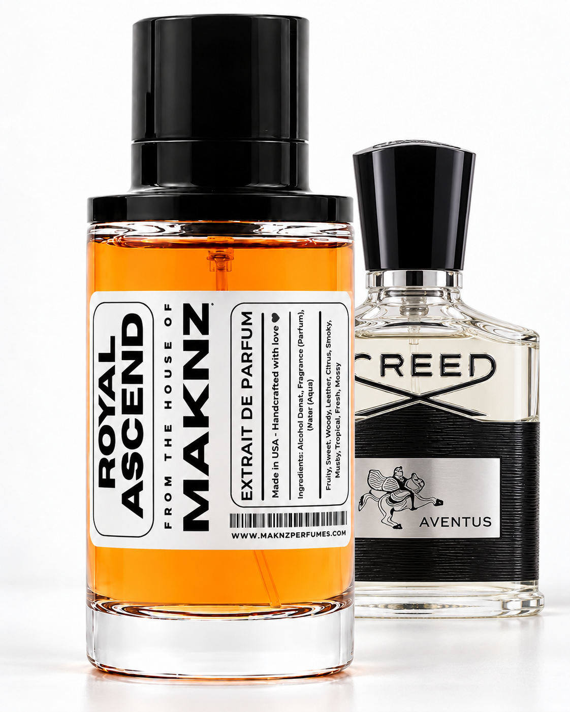 MAKNZ Royal Ascend 100 ml bottle with Creed Aventus behind it
