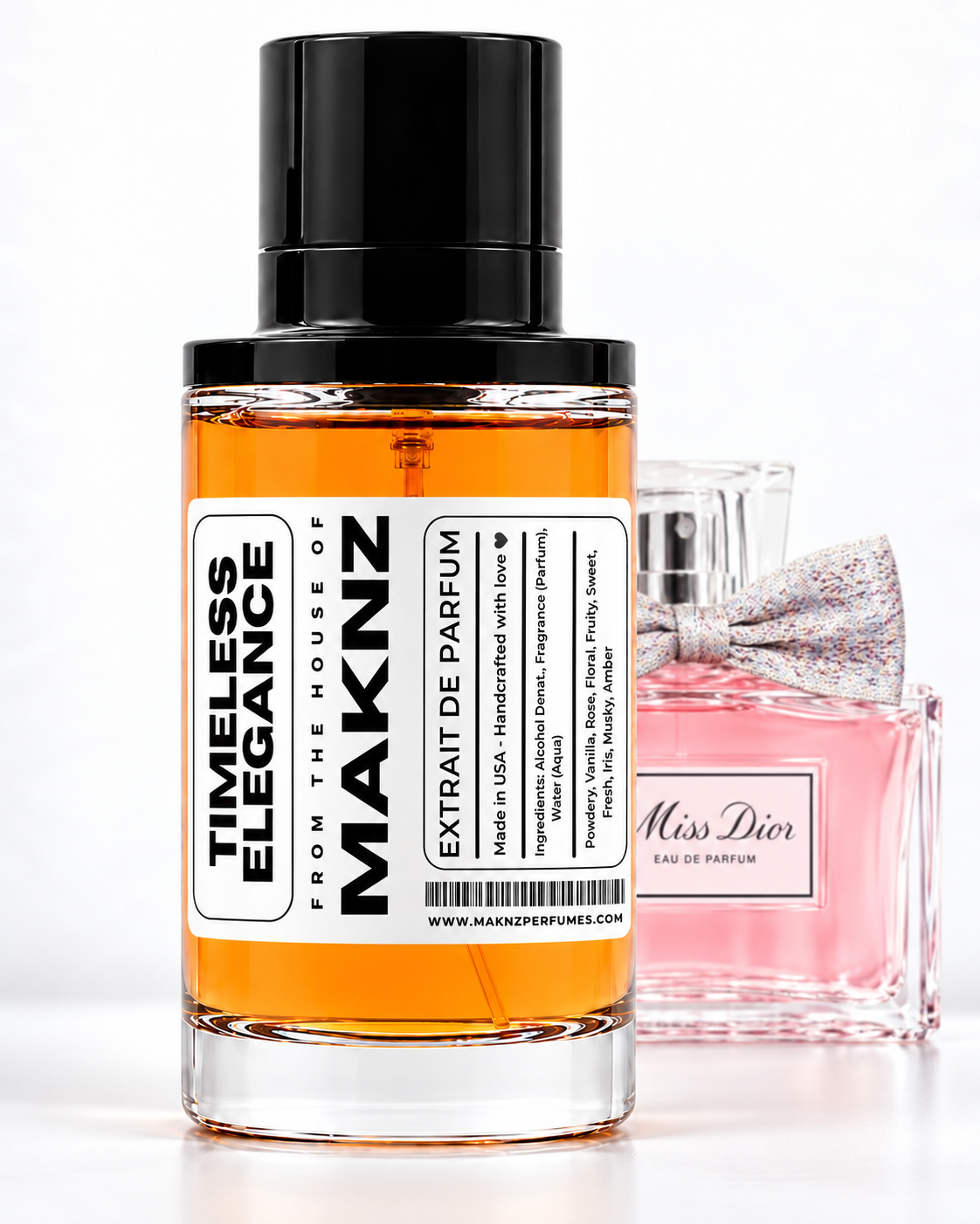 MAKNZ Timeless Elegance 100 ml with Miss Dior bottle behind it